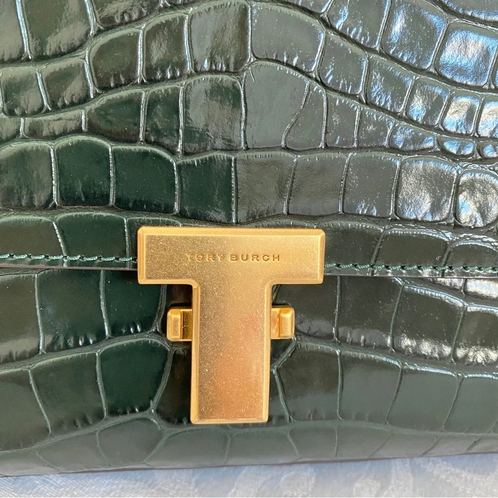 Tory Burch deep green croc 2 way bag